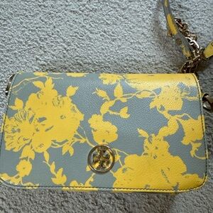 Tory Burch Yellow and Gray Crossbody Bag with Floral Design